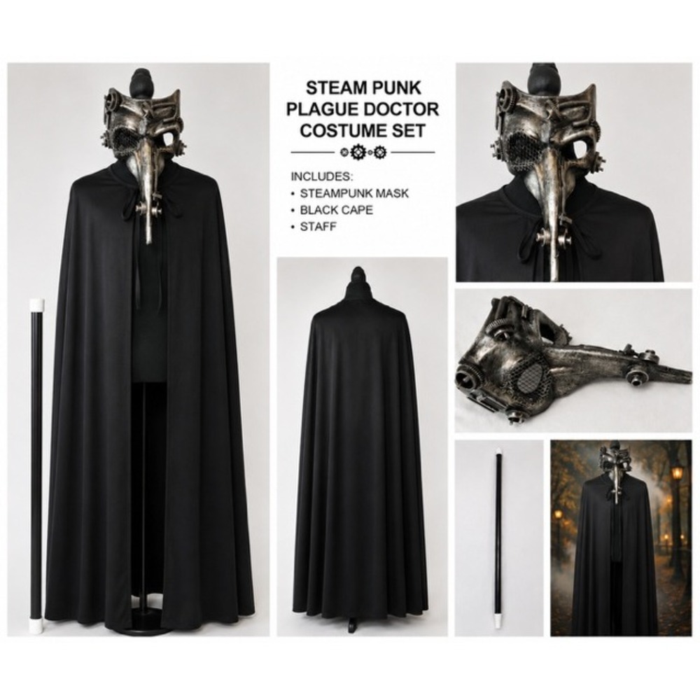 Steampunk Plague Doctor Costume Set Black Cape Mask Staff Gothic Cosplay